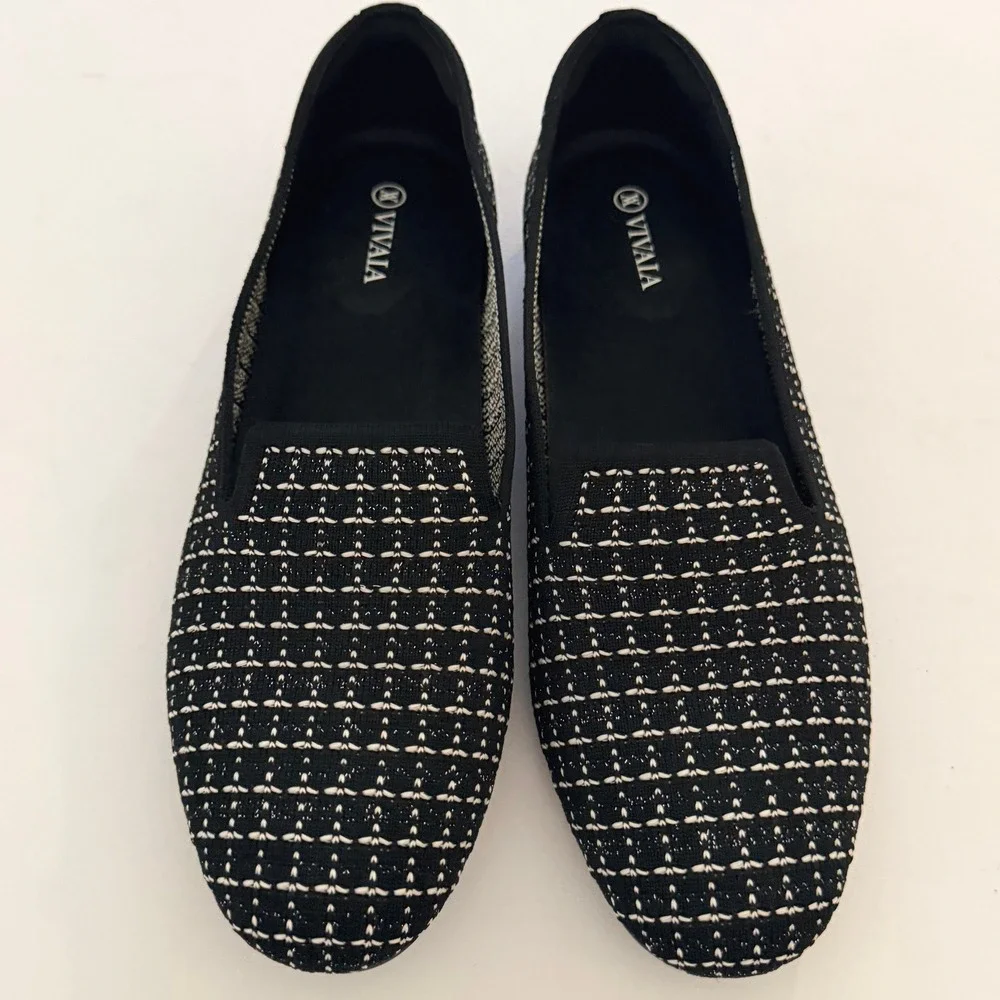 Vivaia Audrey Round-Toe Loafers Womens Flats B&W Tweed Knit Size 42 US 10.5
